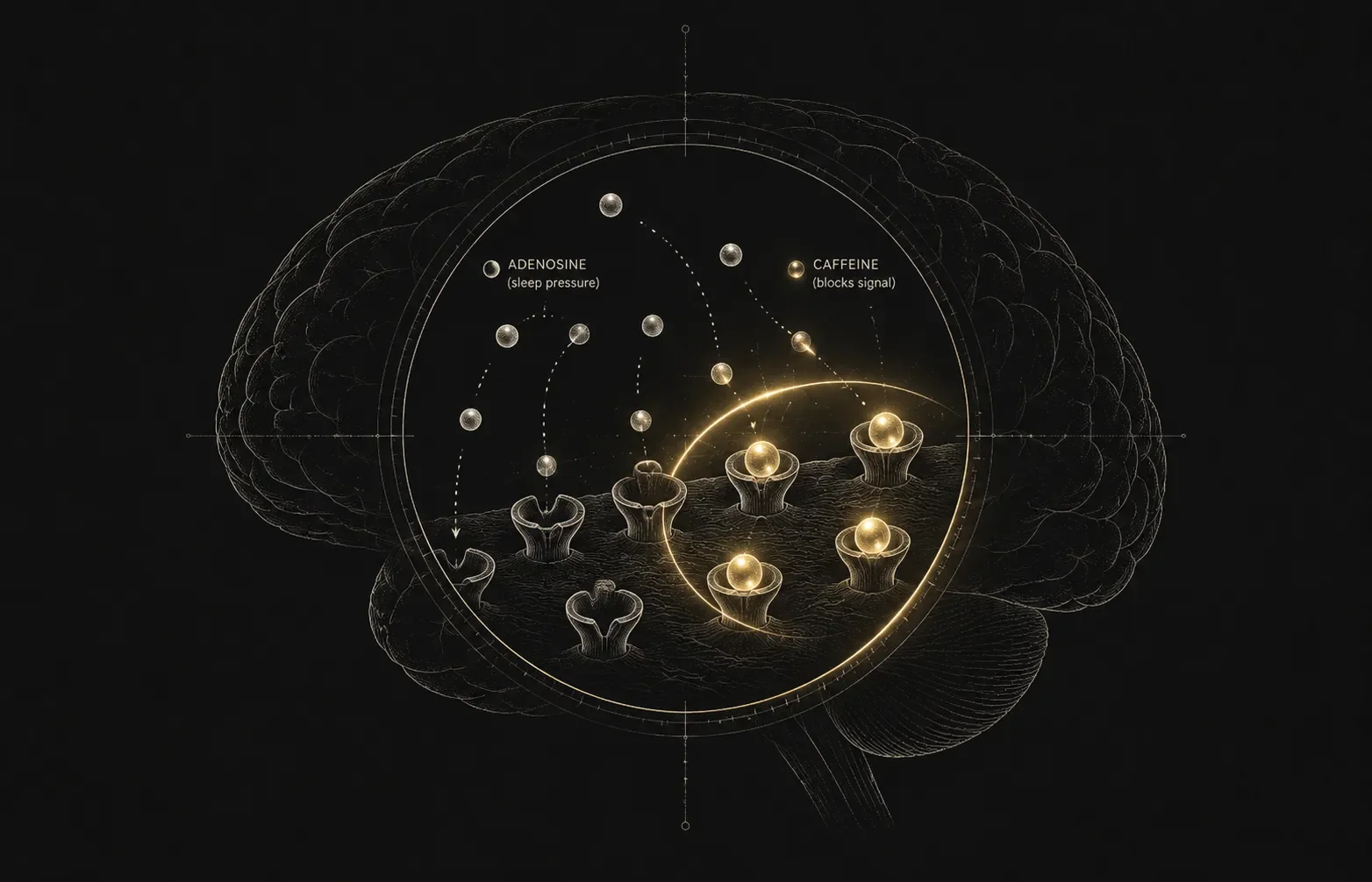 Diagram showing caffeine timing, sleep pressure, and the way caffeine can interfere with the transition into recovery.