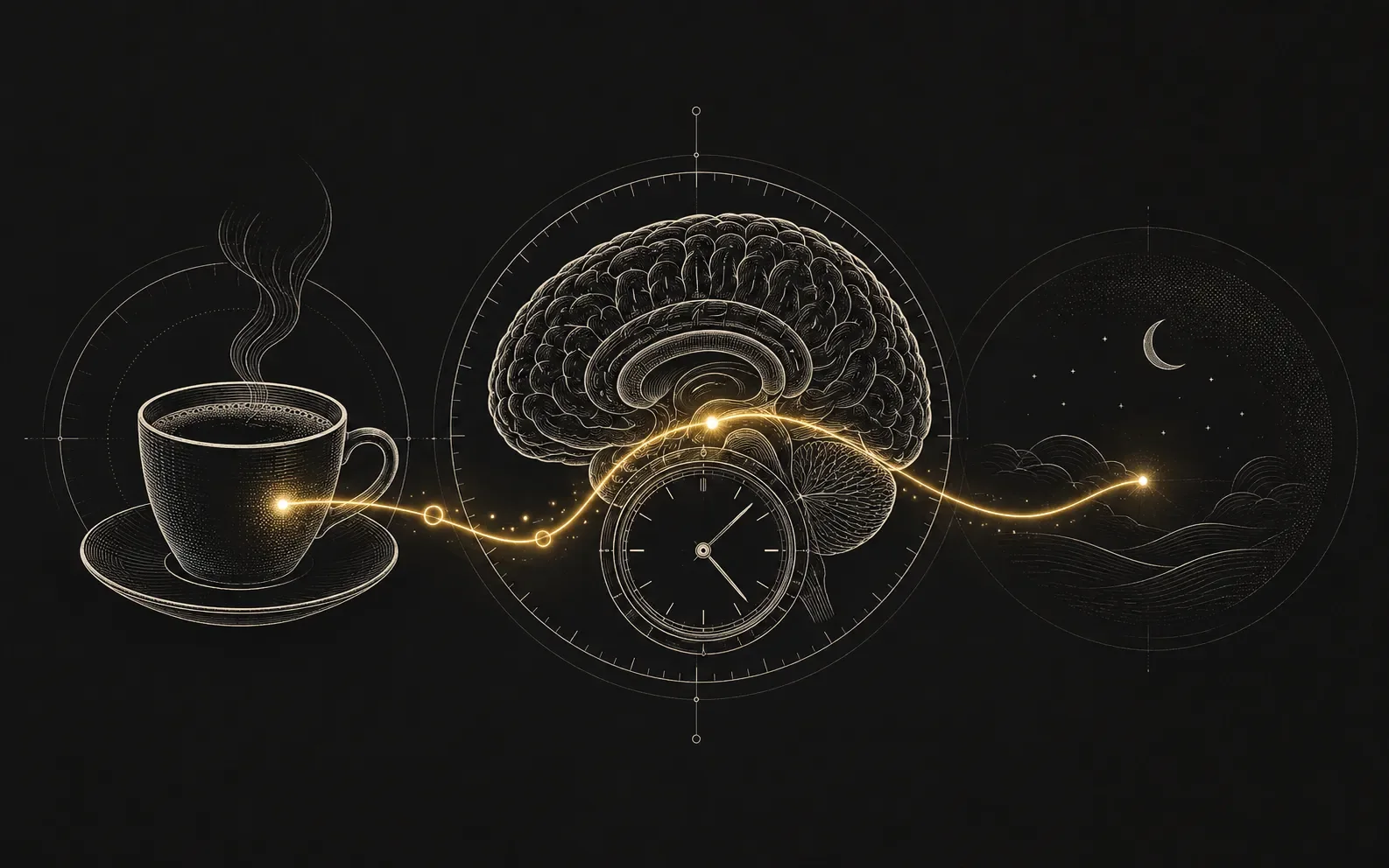 Caffeine cutoff calculator showing coffee, a brain, a clock, and a caffeine curve moving toward bedtime.