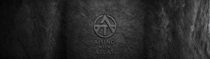 Black stone banner with carved AT monogram logo and the words 'Rising with Atlas' centered.