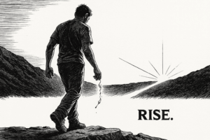 Person takes one step into first light at dawn as a burnt match falls from an open hand; past in shadow, path ahead lit — Rising with Atlas