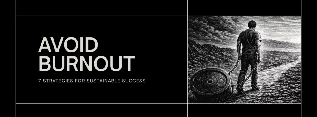 Featured image for an entrepreneur burnout guide, black and white illustration of a man dragging a chained weight along a rocky path.
