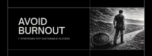Featured image for an entrepreneur burnout guide, black and white illustration of a man dragging a chained weight along a rocky path.