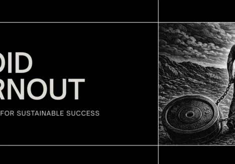 Featured image for an entrepreneur burnout guide, black and white illustration of a man dragging a chained weight along a rocky path.