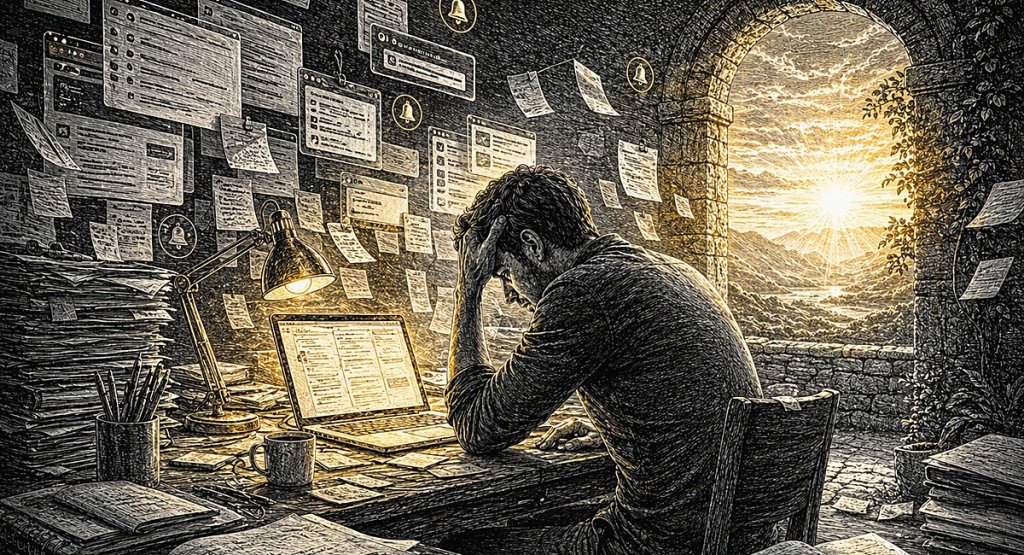 Man sitting at a desk overwhelmed by tabs, notifications, and unfinished work