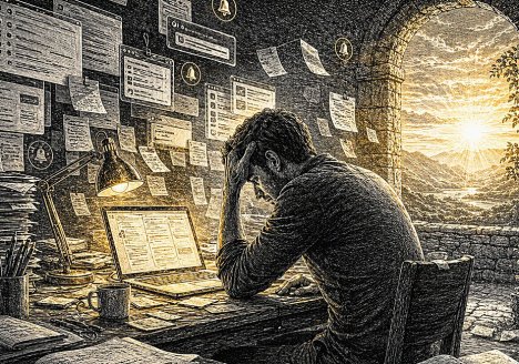 Man sitting at a desk overwhelmed by tabs, notifications, and unfinished work
