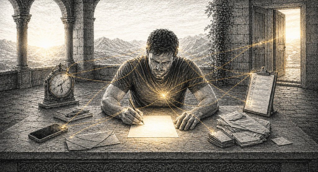 A man writes at a stone desk while gold threads connect him to a phone, clock, checklist, papers, and open door.