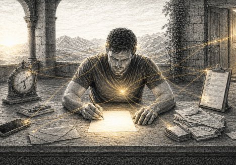 A man writes at a stone desk while gold threads connect him to a phone, clock, checklist, papers, and open door.