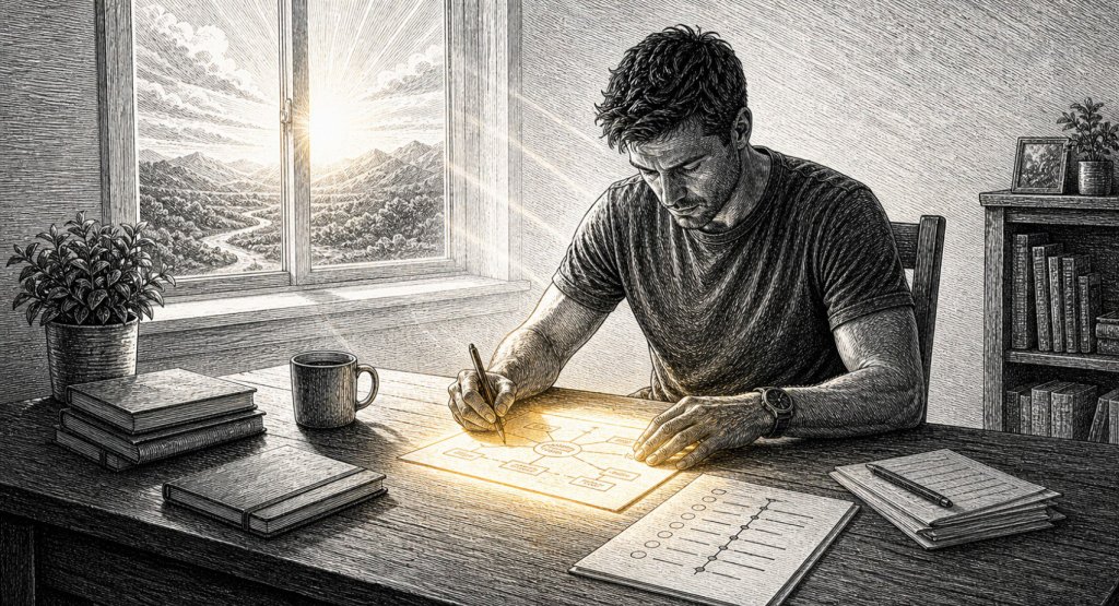 A leader preparing a cognitive load budgeting plan before a high-stakes decision day of meetings, negotiations, and deep reasoning.