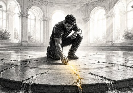 A man repairs one glowing crack in a bright stone floor while water leaks from surrounding fissures.