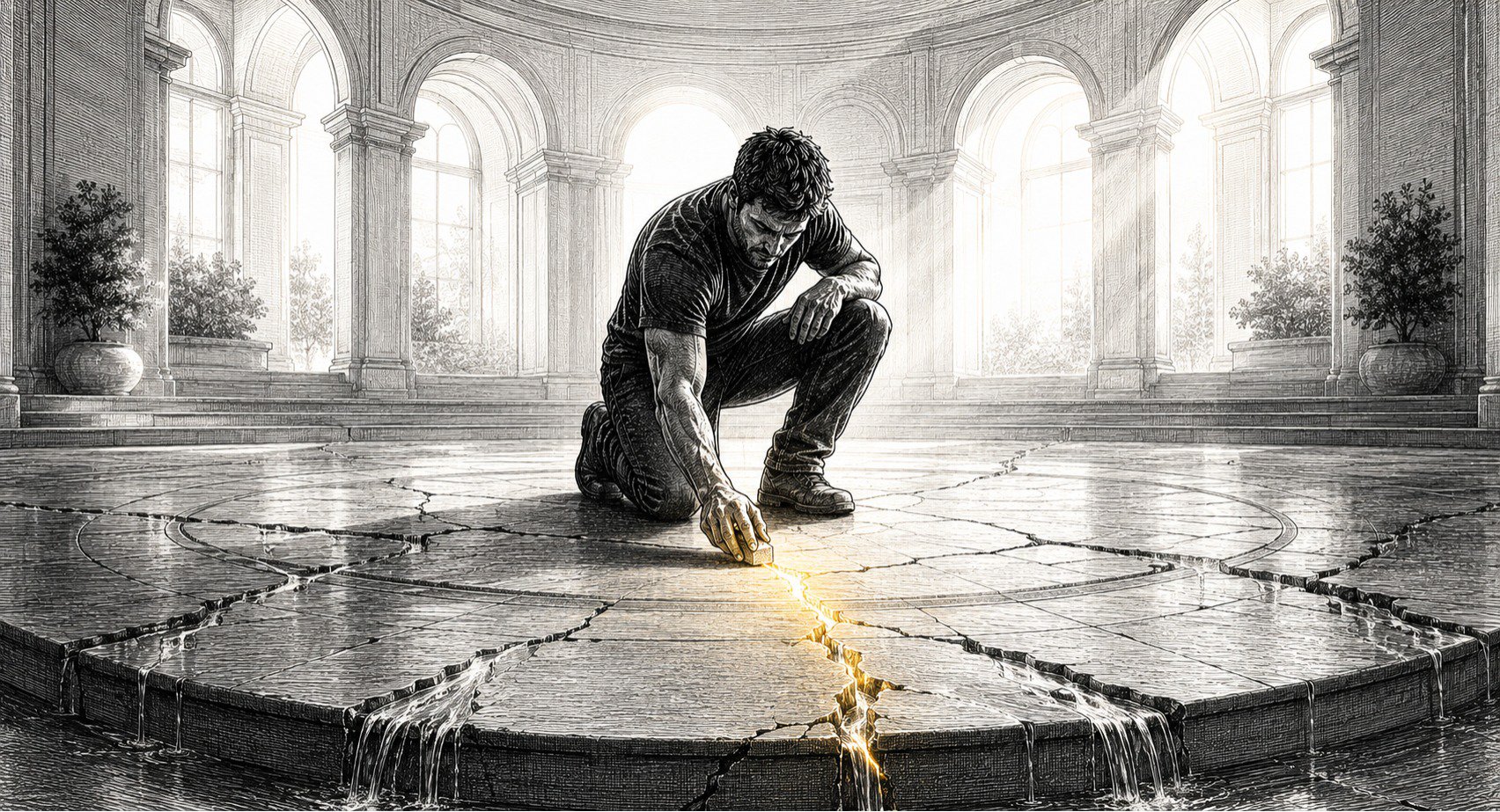 The 7 Leaks High Performers Misdiagnose | Andreas Tsiartas A man repairs one glowing crack in a bright stone floor while water leaks from surrounding fissures.