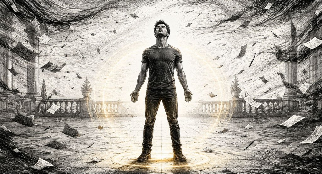 Do Power Poses Work? What Posture Really Changes | Andreas Tsiartas An upright man stands inside a faint gold circle as papers and storm lines swirl across a classical courtyard.
