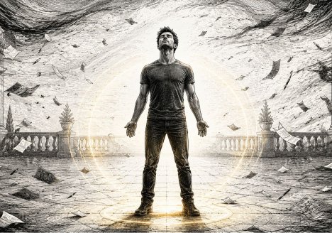 An upright man stands inside a faint gold circle as papers and storm lines swirl across a classical courtyard.