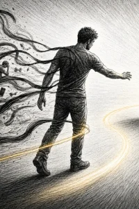 A figure stepping out of tangled lines of distraction