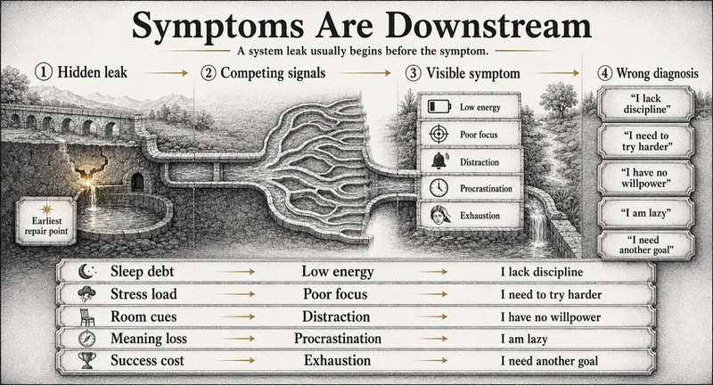 Flow diagram showing hidden system leaks becoming visible focus, energy, and discipline symptoms.