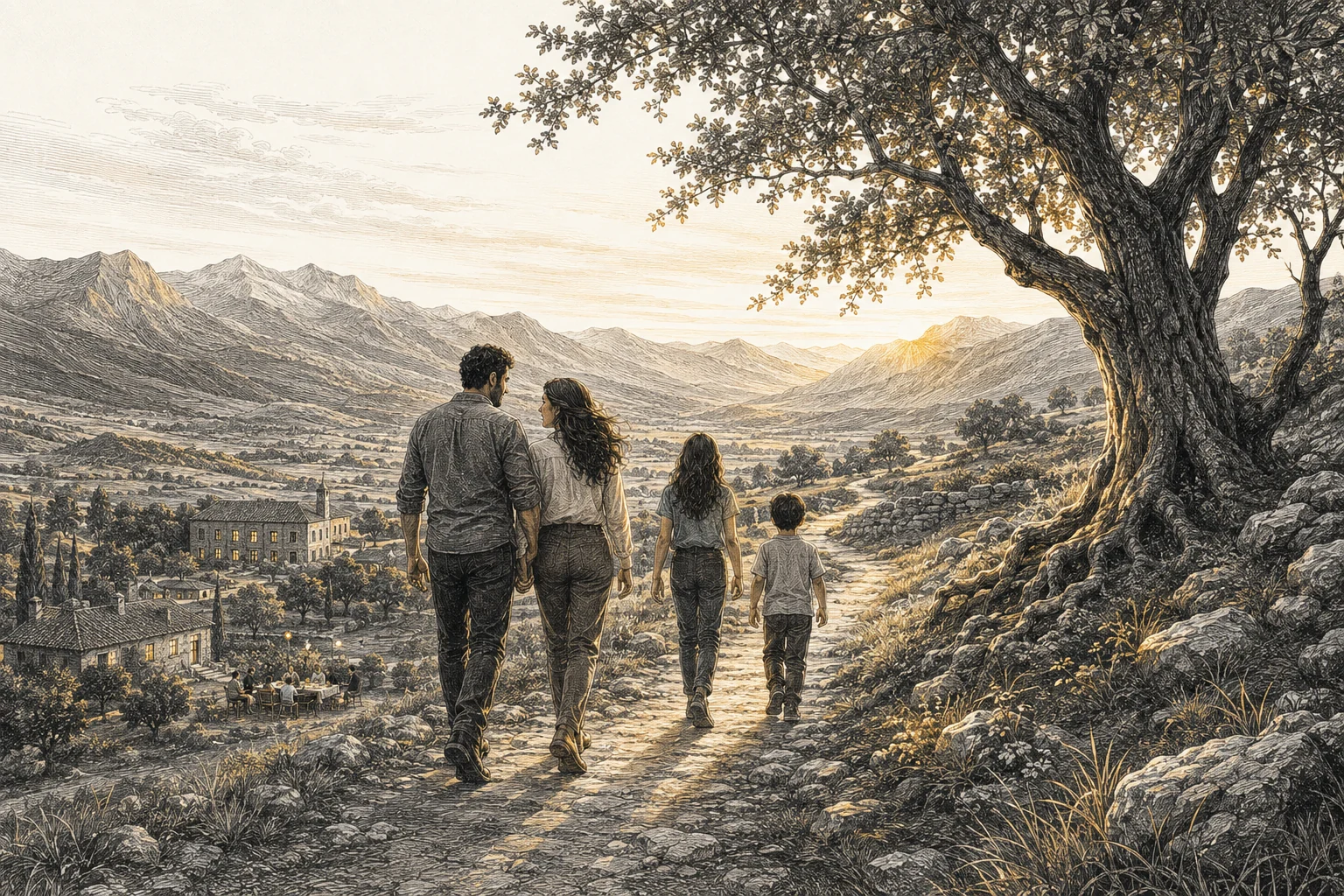 An illustration of a family walking beneath an olive tree towards a sunlit valley.