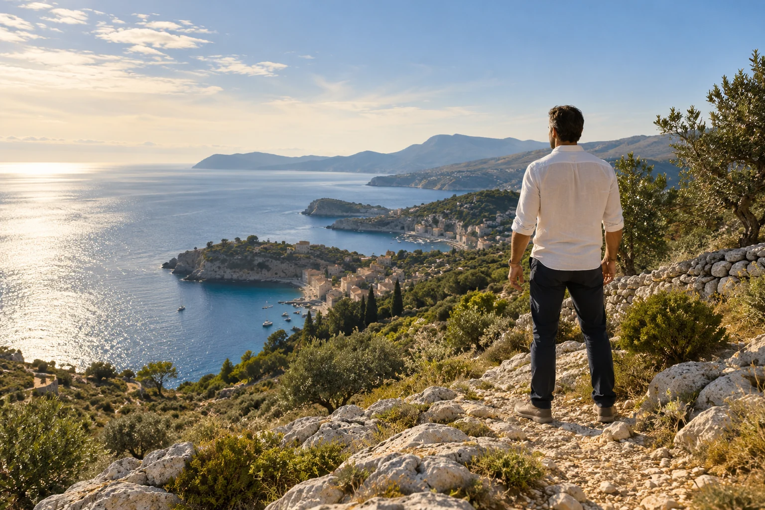 A man looking across a sunlit Mediterranean coast from a limestone ridge.