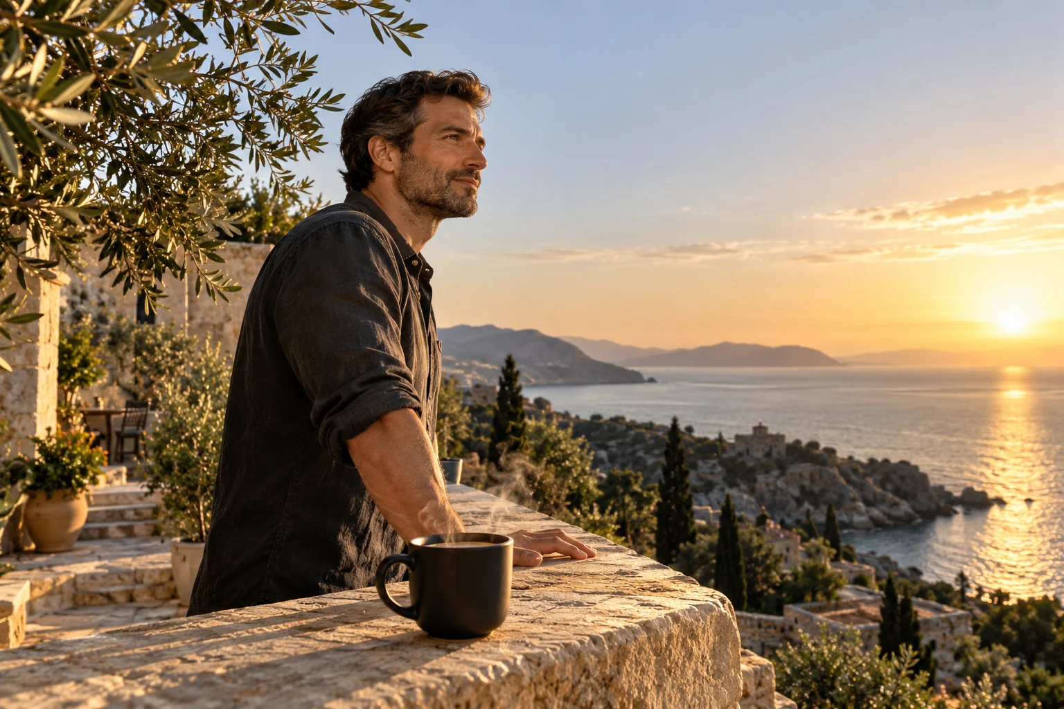 Morning coffee on a sunlit coastal terrace.