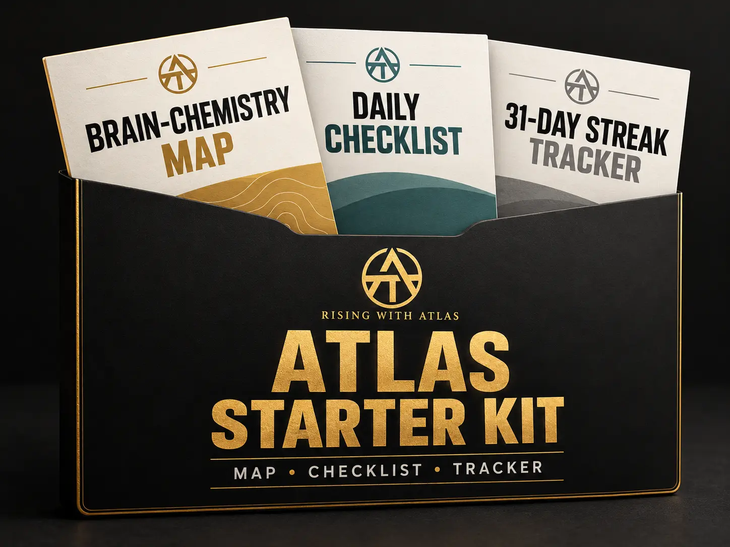 Promotional cover artwork for the Atlas Starter Kit: Brain-Chemistry Map, Daily Checklist and 31-Day Streak Tracker.