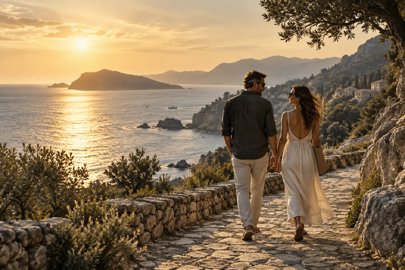 A couple looking across the coast towards sunlit mountains and the open sea.