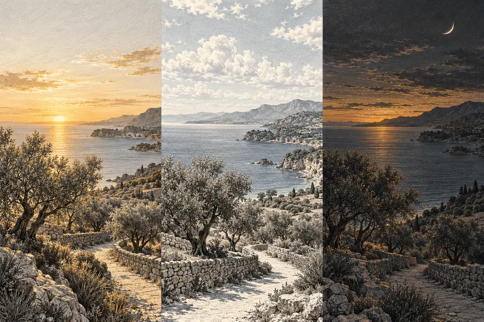 An engraved Mediterranean landscape shown in morning, midday and evening light.