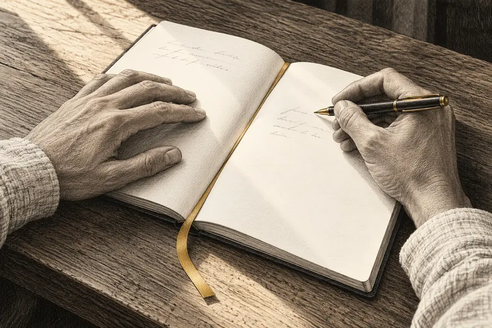 Engraved illustration of hands reviewing an open notebook with a gold ribbon marker.
