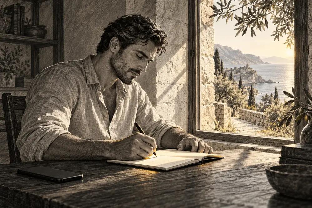 Engraved illustration of a reader writing beside an open window in morning light, with a phone set aside.