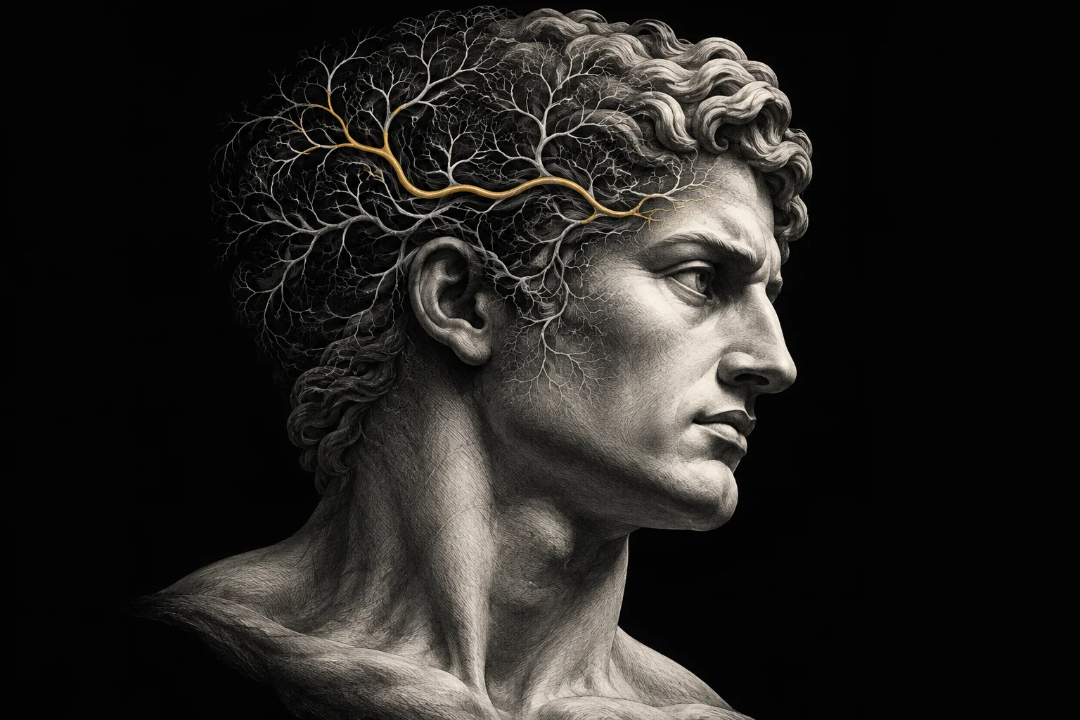 A classical head with a gold path through branching lines, the Atlas Brainmap companion artwork.