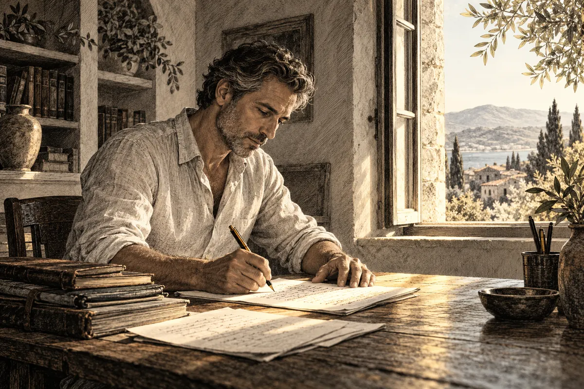 Editorial illustration of a man returning to a writing project at a desk beside an open window.