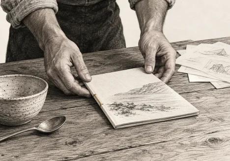 Hands place a small, gold-stitched booklet on a wooden table beside loose sketches.