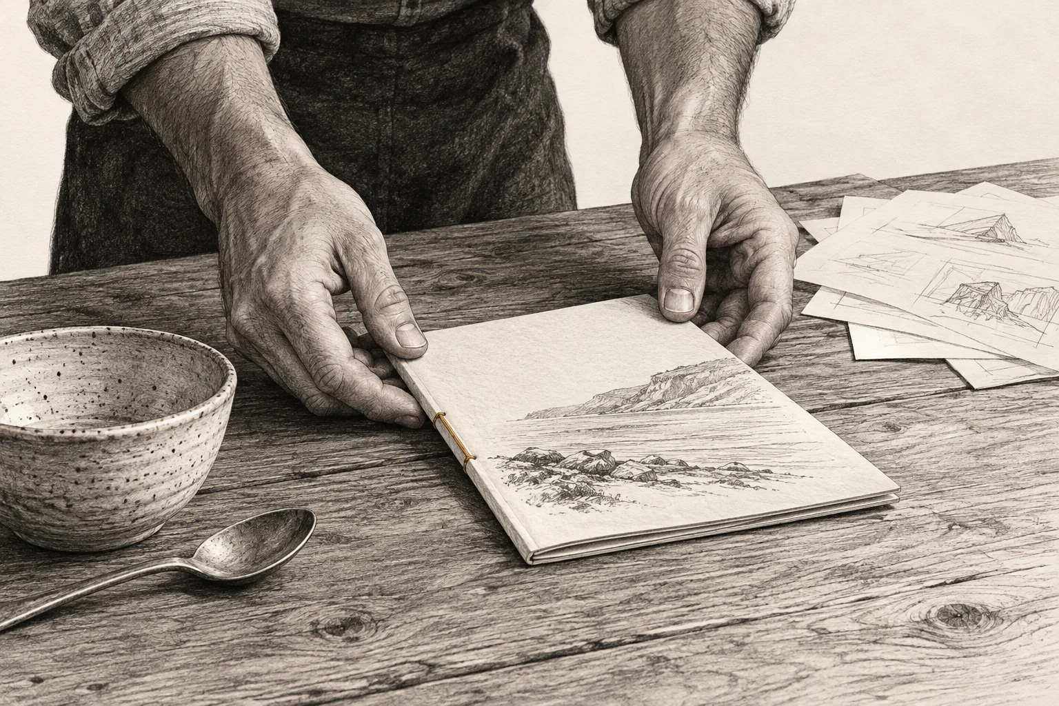 Hands place a small, gold-stitched booklet on a wooden table beside loose sketches.