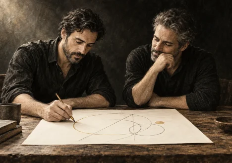 Illustration of two men working through an idea together over a drawing.