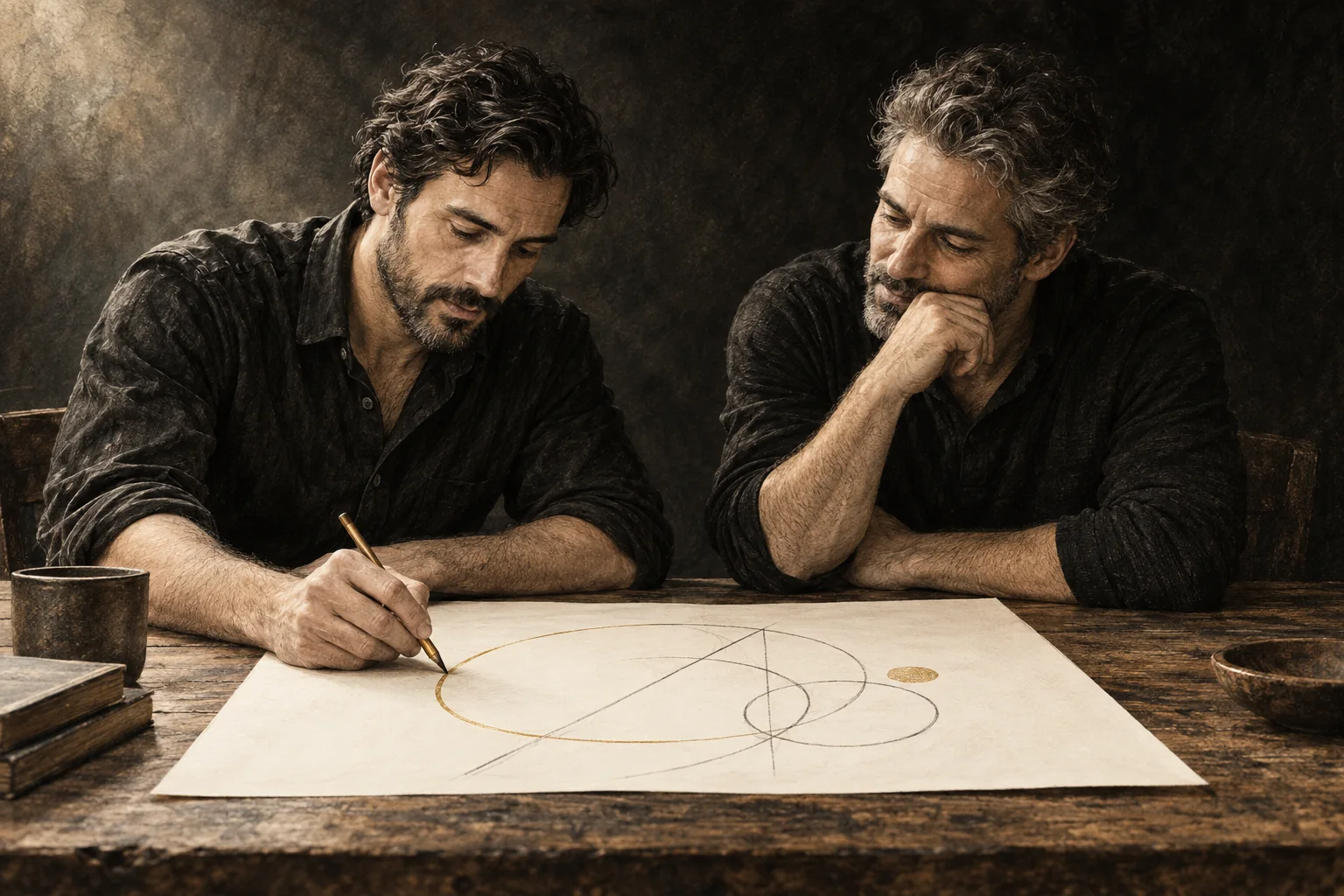 Illustration of two men working through an idea together over a drawing.
