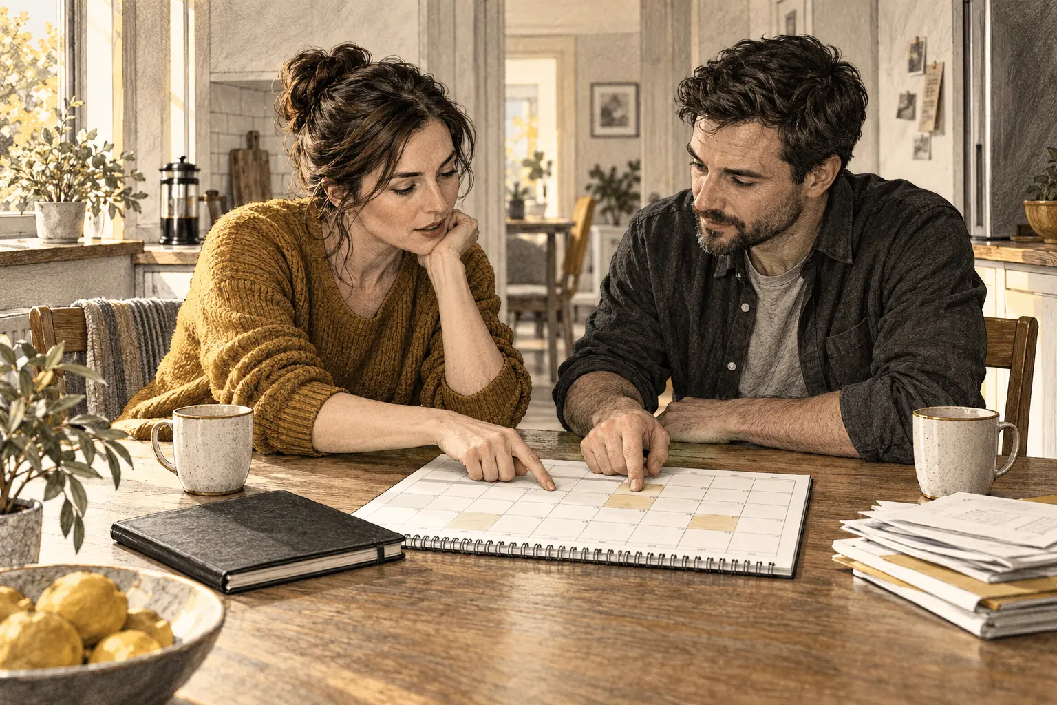 A woman and her brother discuss a calendar at a kitchen table, making a practical arrangement for the week.